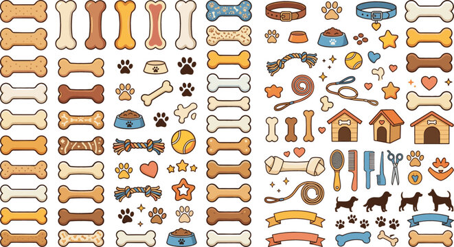 Dog bone vector icons set with pet accessories collars food bowls houses grooming tools and paw prints