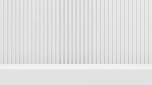 White podium shelf on ribbed wall background. Modern scene with platform and vertical panels. Empty product showcase stage for presentation, display or studio mockup. Realistic vector illustration
