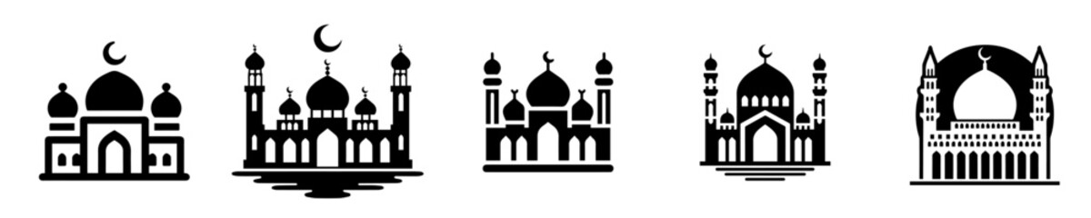 Fototapeta premium Mosque icon set vector illustration, Islamic building black silhouette collection