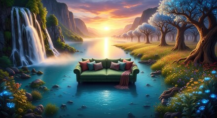 Obraz premium Surreal fantasy landscape with waterfall and floating green sofa.
