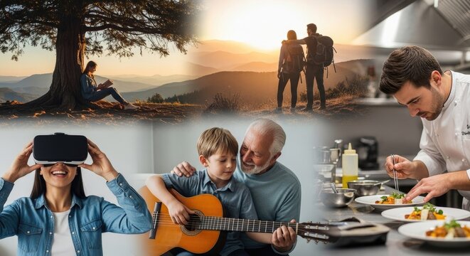 Diverse lifestyle collage featuring travel family and technology