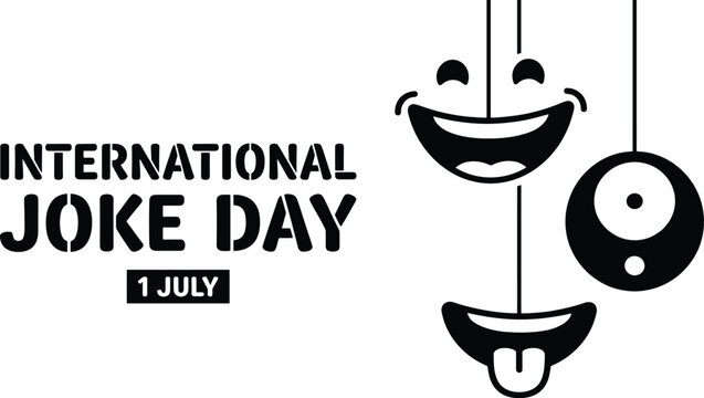 International joke day text with stencil typography and hanging black and white of laughing faces and a circular eye symbol on a white background