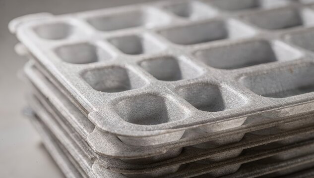 Closeup medium shot of multicavity thermoformed foam food trays showing uniform molded compartments ready for packaging fresh produce or deli items.