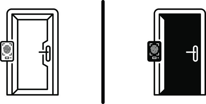 Smart video doorbell intercom with entry door vector icon set. Minimalist line art and glyph style house door with electronic security camera intercom device.