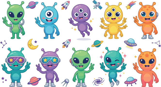 Cute alien cartoon character sticker set featuring friendly extraterrestrial monsters planets rockets ufo and space elements