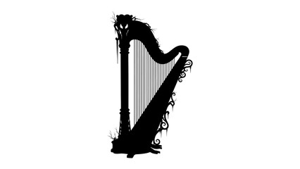 Mysterious Harp Silhouette: A striking black silhouette of a harp, adorned with dark, ethereal tendrils and a hint of eyes within its frame, evokes a sense of dark fantasy and haunting melody. © Murshida