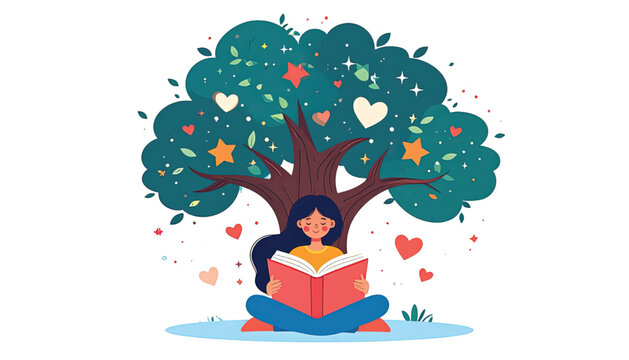 Woman sitting under tree reading book.