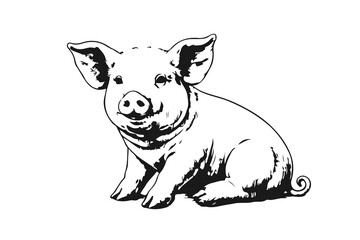Simple hand drawn little baby piglet sketch, engraved farm pig livestock animal illustration. © Leg_IO