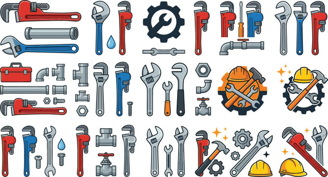 Plumbing tools vector icons set with pipe wrenches spanners hammers hardhats and gears for handyman service