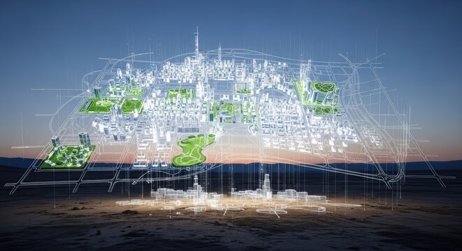 Digital holographic city blueprint over dark terrain.