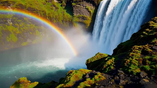 Sunlight Rainbow Through a Mountain Waterfall's Mist