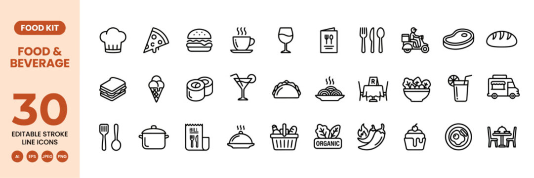 Vector set editable of thirty food and beverage icons in a minimalist line art style.