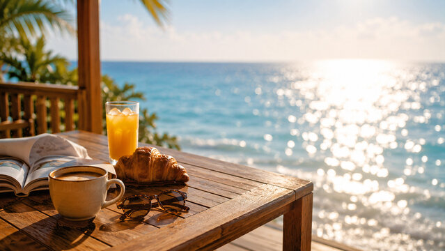 Seaside breakfast with coffee, croissant and sparkling ocean view