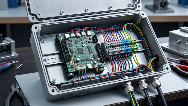 Open industrial electrical enclosure with integrated circuit board and wired terminal blocks. Electronic control panel assembly for automation system technology. Engineering equipment maintenance.