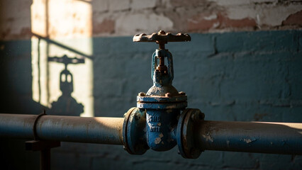 Fototapeta premium Old Blue Industrial Gate Valve on a Pipe in a Factory with Dramatic Shadow on Brick Wall Background