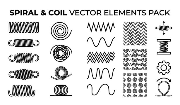 Metal Coil and Zigzag Wave Symbols Monochrome Vector Set