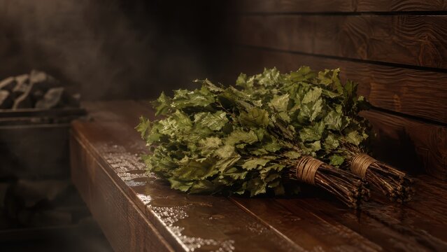 steam and leaves in the sauna with cinematic soft light and clean negative space for premium stock background