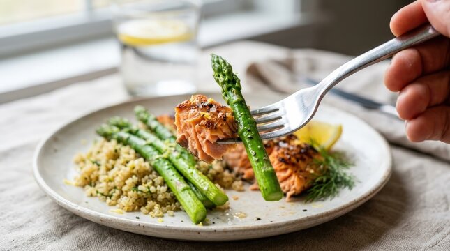 Close Up of Fork Picking Asparagus from Salmon Meal Plate