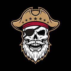 Fototapeta premium Bearded pirate skull wearing tricorn hat mascot.