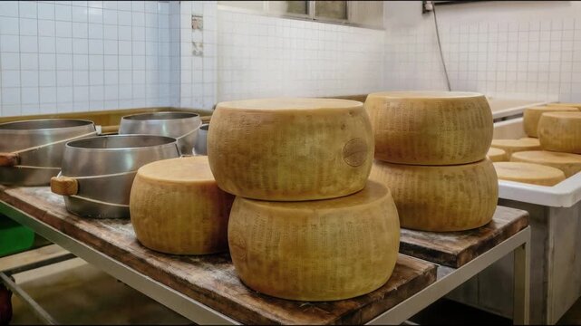 Multiple whole rounds of aged hard cheese arranged on wooden boards and metal trays atop a stainless steel table in a tiled dairy production room. Polished