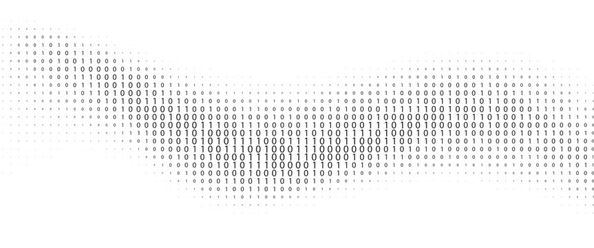 Binary code gradient wave on white. Ones and zeros in halftone gradation texture. Digital system language. Computer encoding abstract background. vector eps 10