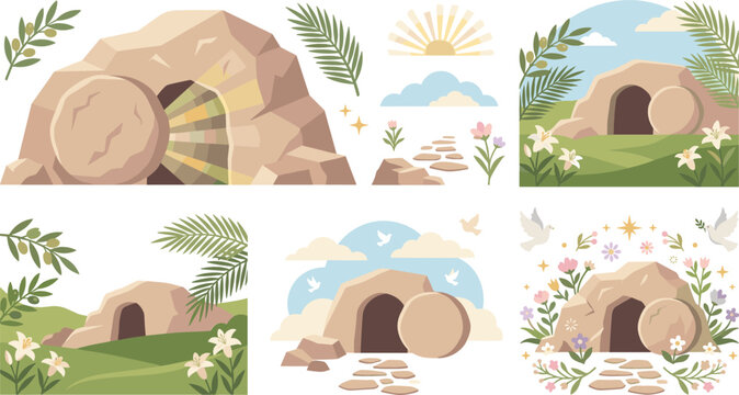 Easter empty tomb vector icons set with resurrection cave stone rolled away palm leaves and lily flowers