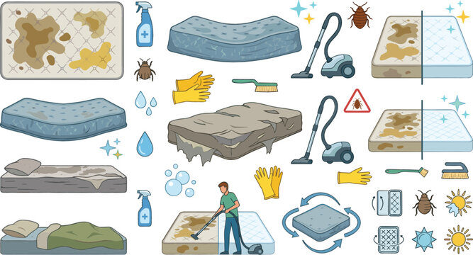 Mattress cleaning vector icons set with dirty beds dust mites vacuum cleaner spray bottles and hygiene service