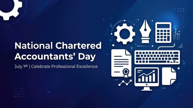 National chartered accountants day professional banner layout with tech style financial outline icons on dark blue backdrop