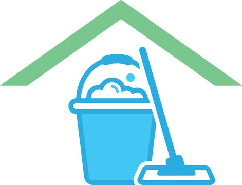 Simple flat of a blue cleaning bucket with soapy water and a floor mop positioned under a green house roof shape for home cleaning also transparent background
