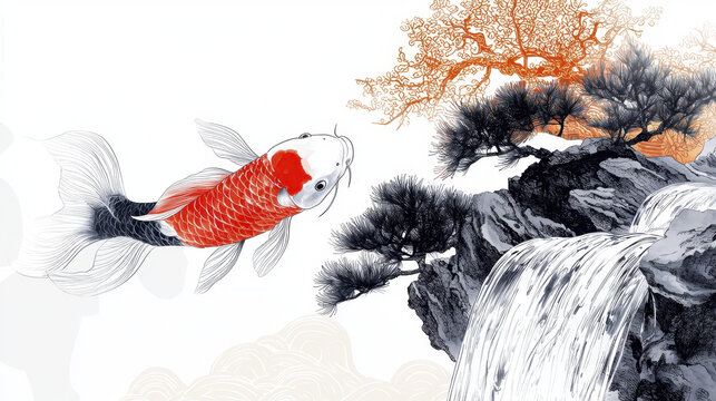 Vibrant illustration of Japanese carp leaping gracefully near waterfall, surrounded by stylized trees and rocks, evokes