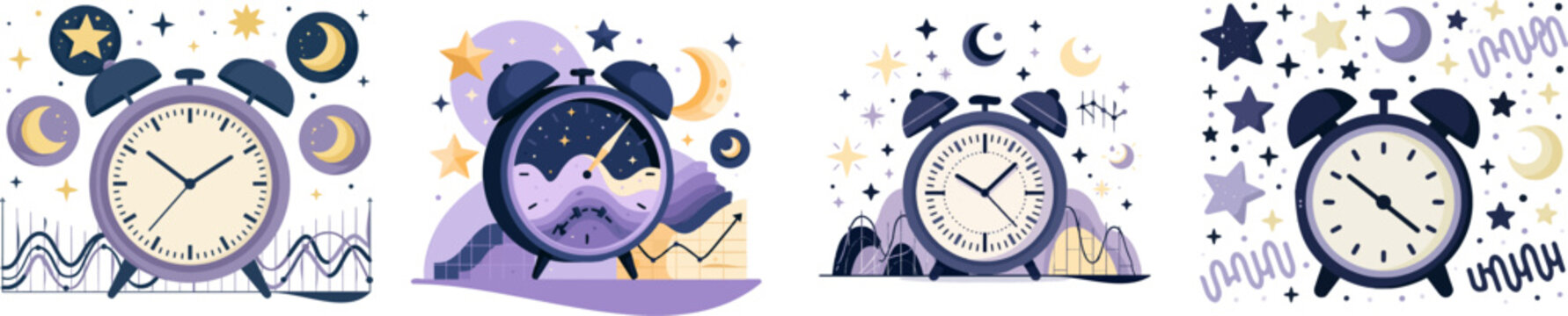 A large alarm clock surrounded by icons of stars, moons, and deep healthy sleep cycle graphs, set against a minimalist background with cosmic midnight blue, soft purple, and pale yellow hues