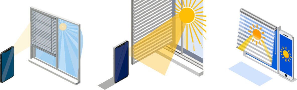 A sleek smartphone app controls automated window blinds in a minimalist design with flat 2D vector art, featuring isometric views of a bright sunny window with geometric shapes, solid colors, and