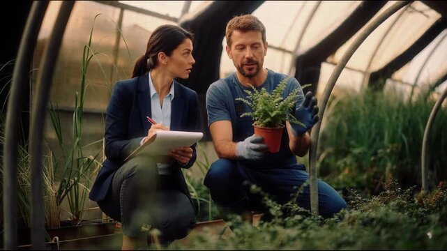 Male gardener kneels holding a small potted fern while a female agronomist crouches beside him taking notes on a clipboard inside a sunlit greenhouse. Raised