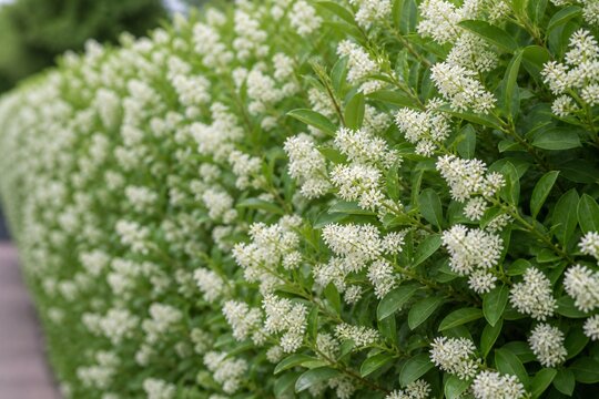 Dense privet hedge covered in clusters of tiny white flowers.