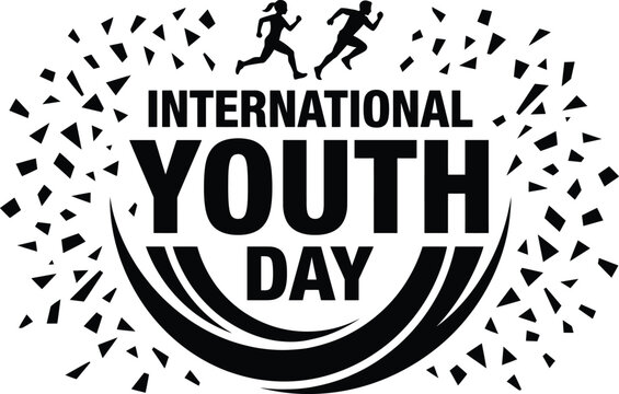 International youth day with black silhouette figures of a running boy and girl surrounded by scattered geometric triangle shapes and bold typography on a white background