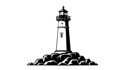 Iconic Lighthouse Guiding the Way: A classic lighthouse stands tall on a rocky outcrop, its beacon a symbol of guidance and hope against the vast expanse. © mahmuda428