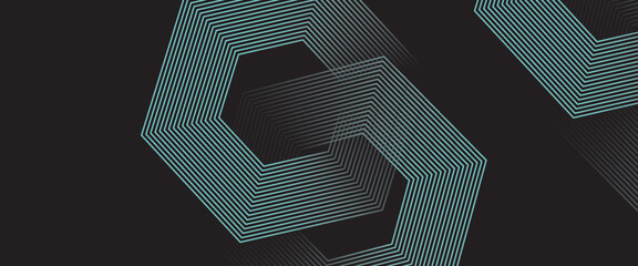 Dynamic turquoise neon hexagonal lines form a striking geometric pattern on a black background, evoking modern technology, futuristic design, and digital aesthetics © sukron