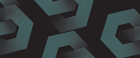 Dynamic turquoise neon hexagonal lines form a striking geometric pattern on a black background, evoking modern technology, futuristic design, and digital aesthetics © sukron
