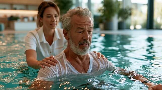 A male patient with ankylosing spondylitis receiving hydrotherapy treatment in a modern rehabilitation pool, assisted by a professional physiotherapist, warm turquoise water reflections