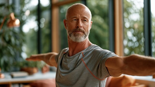 A middle-aged male patient with ankylosing spondylitis performing gentle morning stretching exercises in a bright modern physiotherapy clinic, wearing comfortable athletic wear