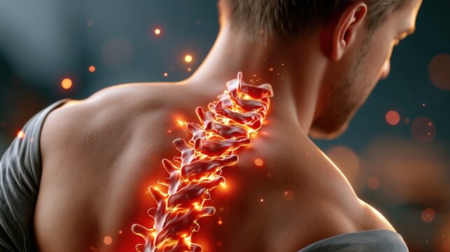 A male lower back and spine area with a glowing red-orange thermal heat visualization overlay illustrating chronic inflammation and joint pain from ankylosing spondylitis
