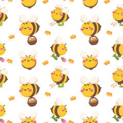 Obraz premium Seamless pattern with cute bees, flat illustration.
