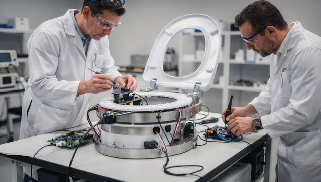 Technicians assemble a smart toilet prototype with a heated seat feature installing sensors and control boards on a modern integration bench in a hightech lab environment.