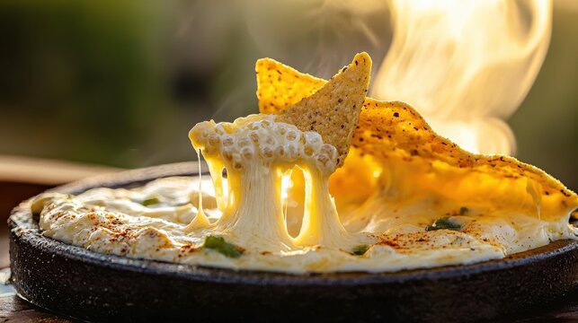 Premium queso flameado with tortilla chips showing dramatic melted cheese pull in cast iron skillet at upscale Mexican restaurant setting
