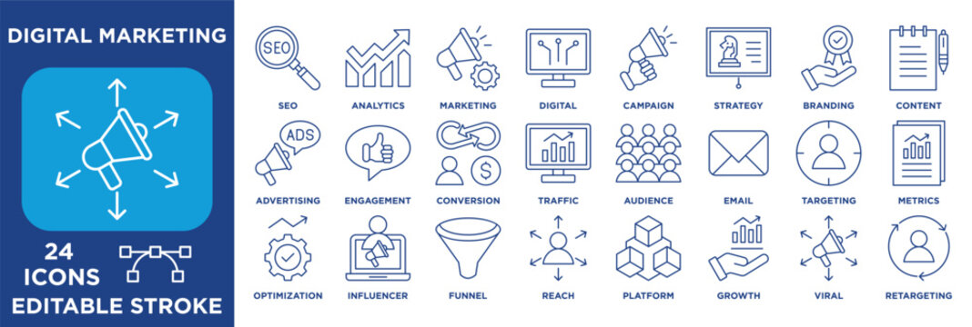 digital marketing icon collection set. Containing SEO, Analytics, Marketing, Digital, Campaign, Strategy and Branding. line vector.