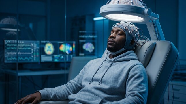 Black man with EEG electrodes on head in neuroscience lab