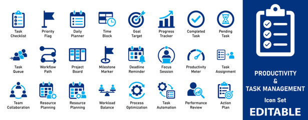 Naklejka premium Productivity and Task Management Icon Set. Clipboard, Calendar, Goal Target, Business Planning, Teamwork, and Time Tracking Elements for Web Design.