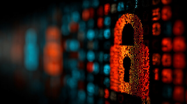 Digital Data Protection Lock in Cybersecurity Network with Glowing Binary Code Background