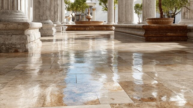Water on travertine straight on glistening travertine wet surface middle aged male short grey hair looking camera calm natural pose five fingers visible commercial spa marketing lighting sharp full f
