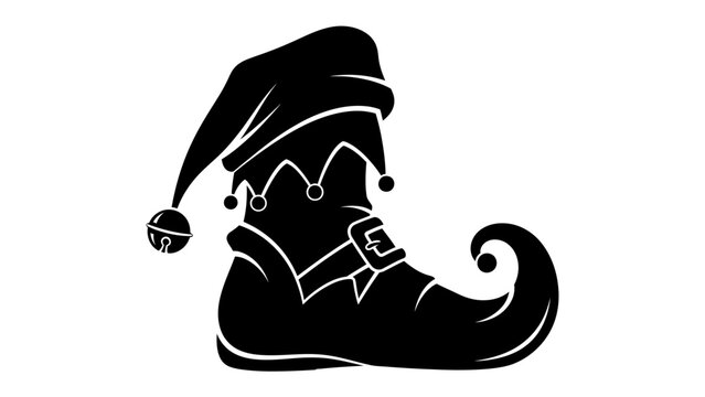 Christmas Elf Boot Silhouette: A whimsical and festive black silhouette of a classic Christmas elf boot, complete with a pointed toe, buckle, and a jester-like hat adorned with a bell.